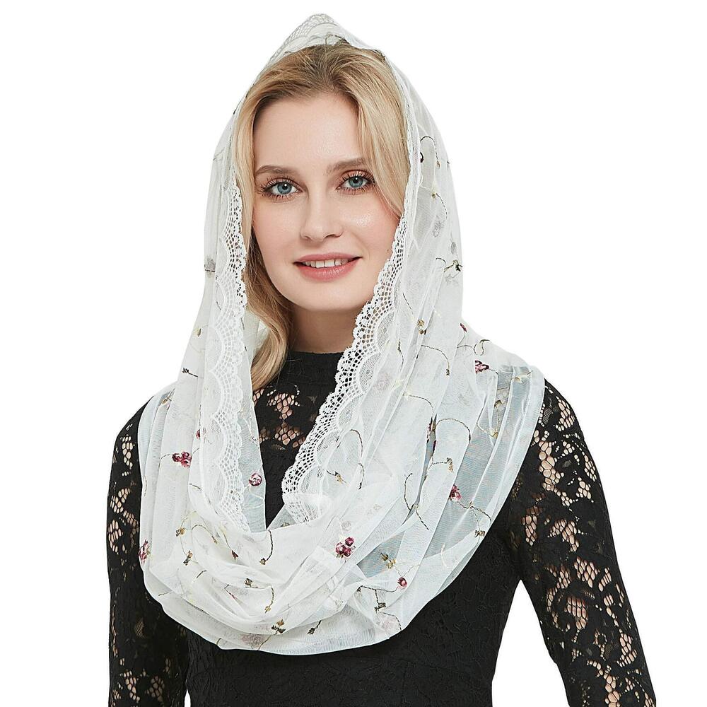 2761 Orthodox Veil Head Covering With Embroidered Flowers Catholic Chapel